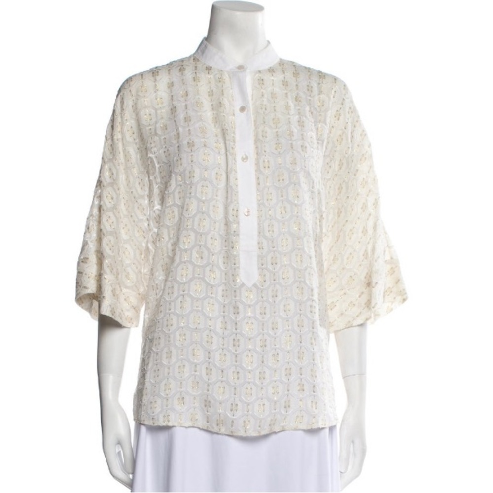 Tory Burch Ivory Lace Tunic with Subtle Gold Threading